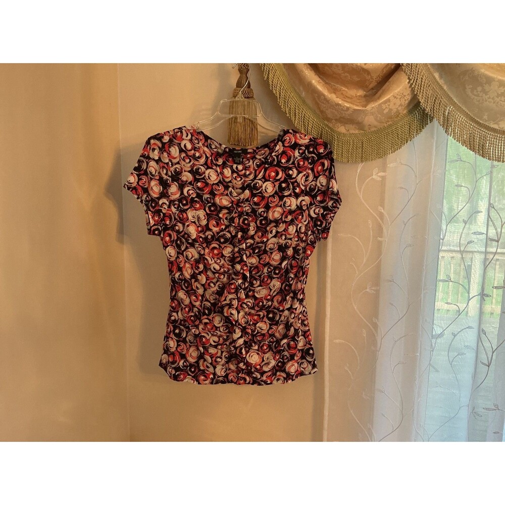 ALFANI ruffled front short sleeve womens top size L, 95% poly, 5% spandex